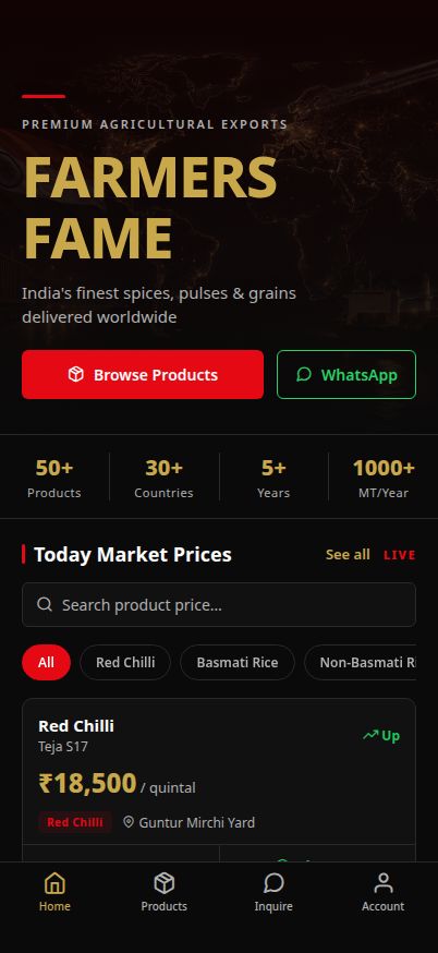 Farmers Fame mobile app showing today's market prices, products and quote requests